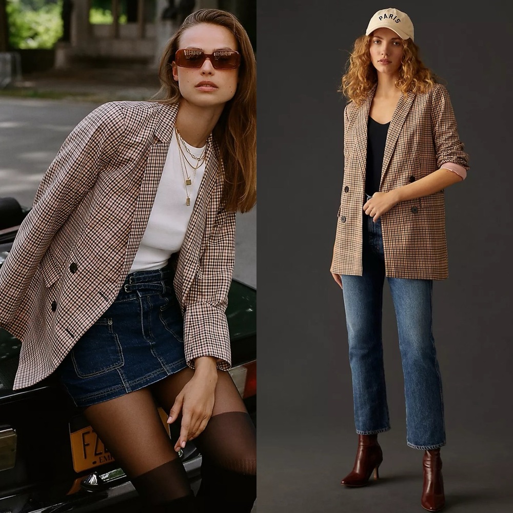 Anthropologie Scotch & Soda Double-Breasted Plaid Tailored Blazer